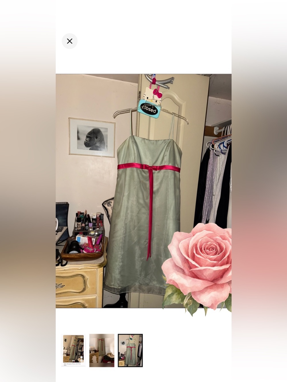 Sage Green Spaghetti Strap Dress with Hot Pink Sash